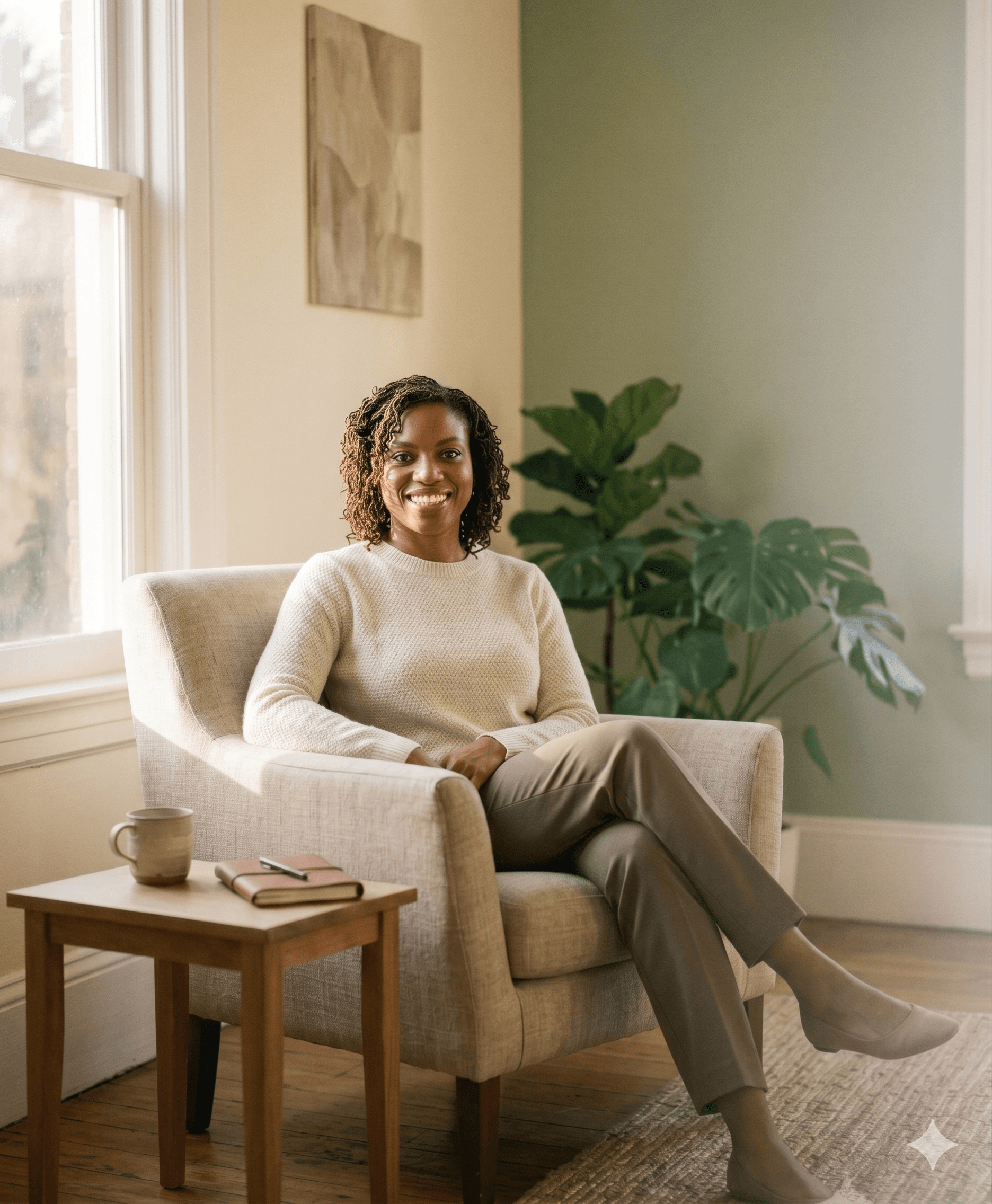 A woman seated peacefully in a sunlit therapy room at Worthy Mind Practice in Westchester County, NY