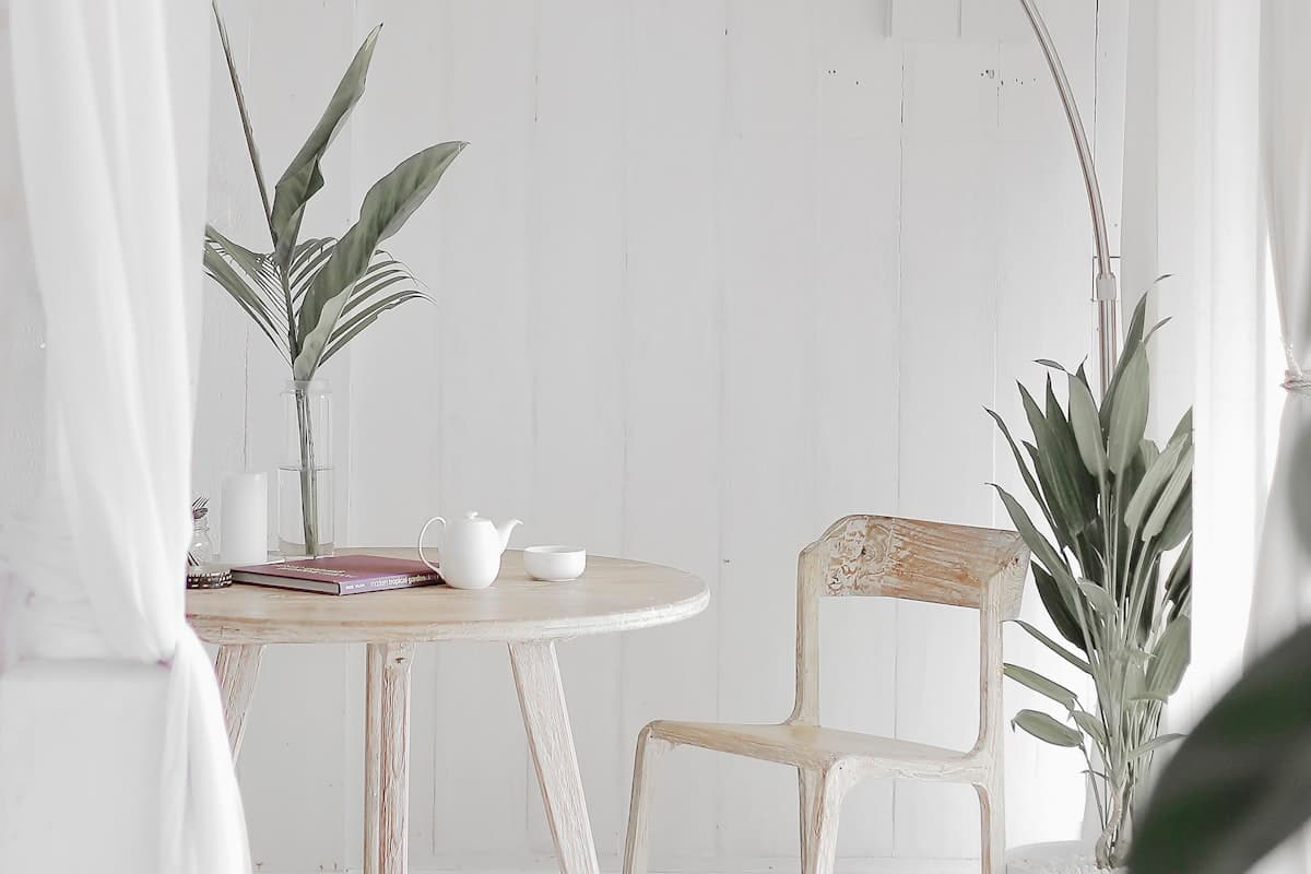 Airy white room with a wooden chair, round table, and green plants